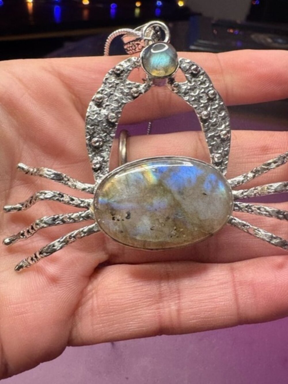 Crab Fiery Labradorite 925 Silver Plated Necklace 18"